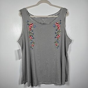 Woman Within Black White Stripe Floral Embroidered Tank Top Plus Size 1X (22/24)